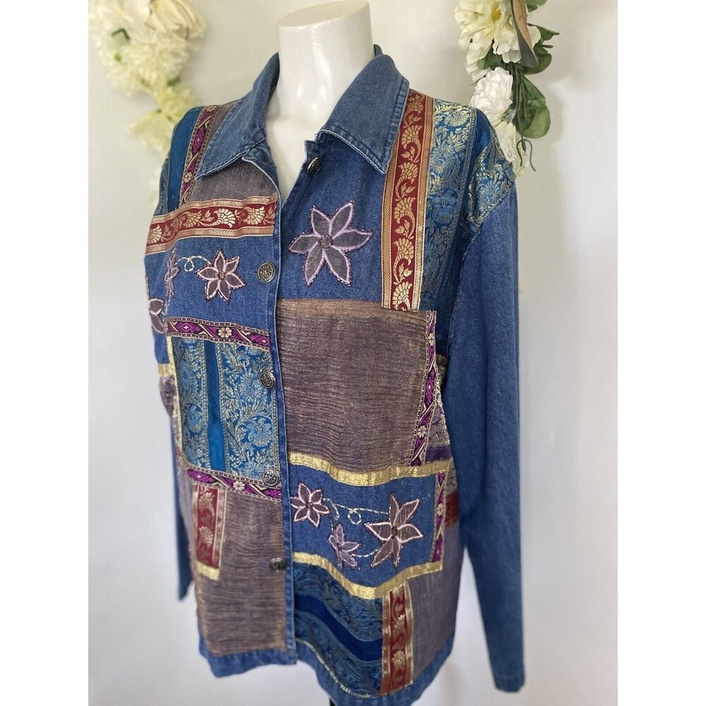 Bedford Fair Lifestyles Jean Shirt Jacket w Embroidery Appliques Beads Sz L Vtg - Picture 2 of 16